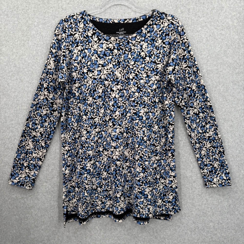 J Jill Simply Supima Crew Neck Tunic Top Floral Print Blue Black Size Small